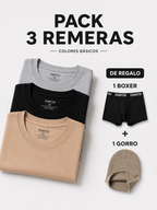 Pack x3 Remeras 100% Algodón + Gorro y Boxer de Regalo